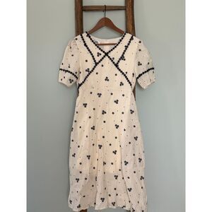 Vintage  Floral Embroidered Cotton Midi Dress with Puff Sleeves Cream  Black